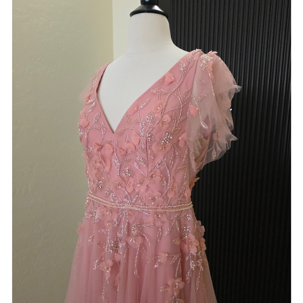 Mac Duggal Formal Pink Maxi Beaded Dress 11224 Tulle Salmon Flowers Gown 16 - Picture 9 of 14